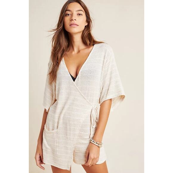 L*SPACE Kimono Romper Beige White Stripe Knit Wrap Cover Up Size XS/Small - Picture 1 of 8